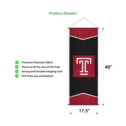 AGAS Temple University T Logo Scroll Sign 17.5 x 48 inch – Single Sided Printed Polyester – Officially Licensed NCAA Product – Temple Owls Hanging Scroll Sign with PVC Poles and Hanging Cord