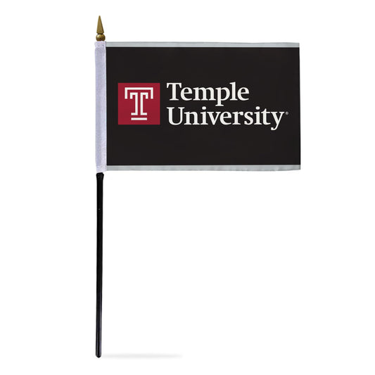 AGAS Temple University Wordmark Logo Stick Flag 4 x 6 inch – Single Sided Printed Polyester with Bleed Through – Officially Licensed NCAA Product – Temple University Desk Flag with 11 inch Plastic Pole and Black Base - Black Background