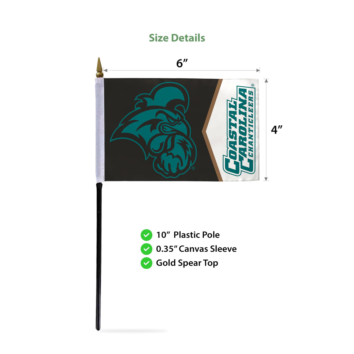 AGAS Coastal Carolina CCU University flags on sticks with Plastic Base 4x6 inch Printed Polyester - 4"x6" Chanticleers Handheld Stick Flags