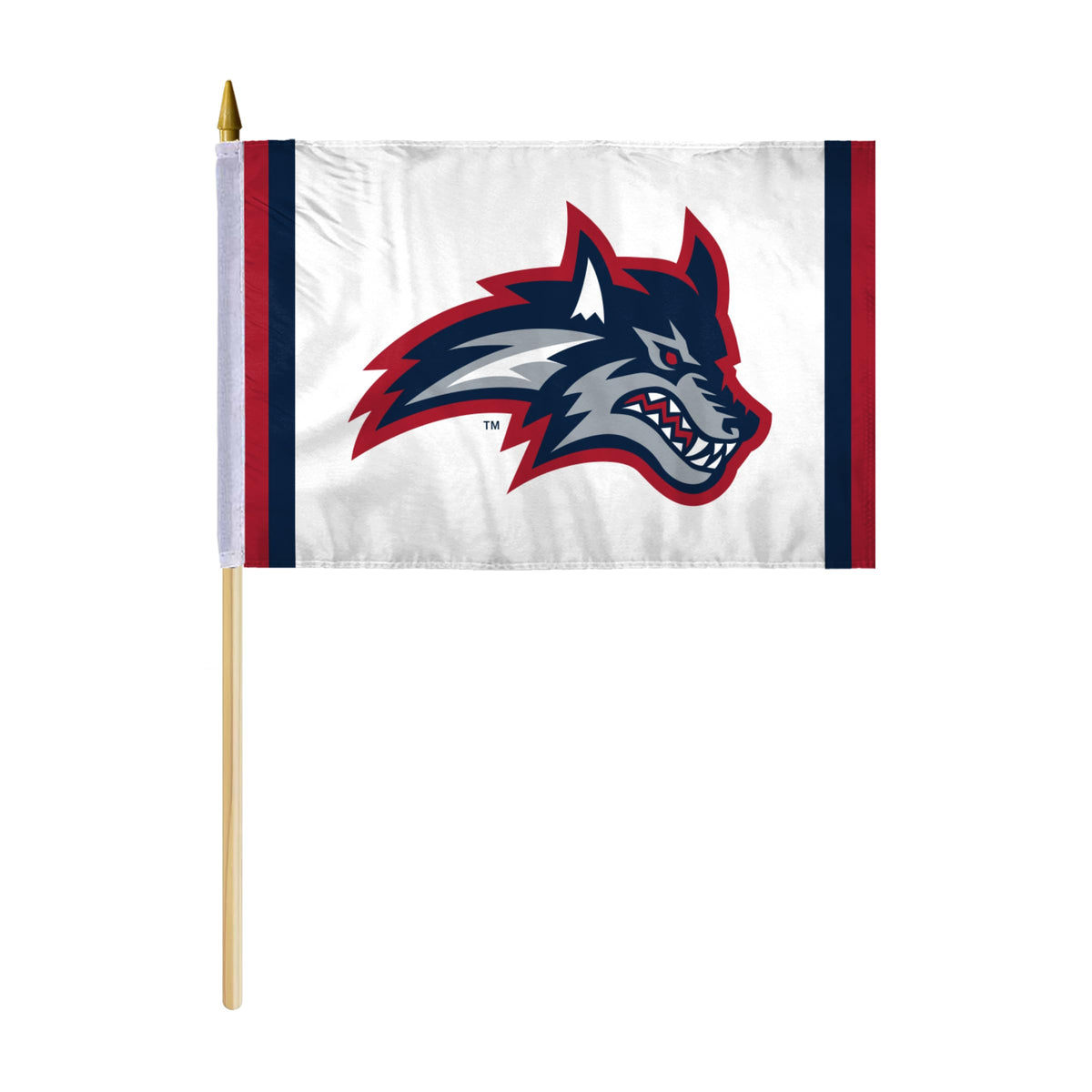 AGAS Stony Brook University Stick Flag 12 x 18 inch – Single Sided Printed Polyester Stony Brook Seawolves Wolf Head Design – Official NCAA SBU Product – Handheld Display with 24 inch Wood Pole and Gold Spear Top