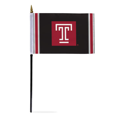AGAS Temple University Block T Logo Stick Flag 4 x 6 inch – Single Sided Printed Polyester with Bleed Through – Officially Licensed NCAA Product – Temple University Desk Flag with 11 inch Plastic Pole and Black Base