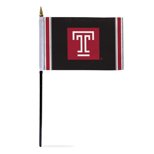 AGAS Temple University Block T Logo Stick Flag 4 x 6 inch – Single Sided Printed Polyester with Bleed Through – Officially Licensed NCAA Product – Temple University Desk Flag with 11 inch Plastic Pole and Black Base