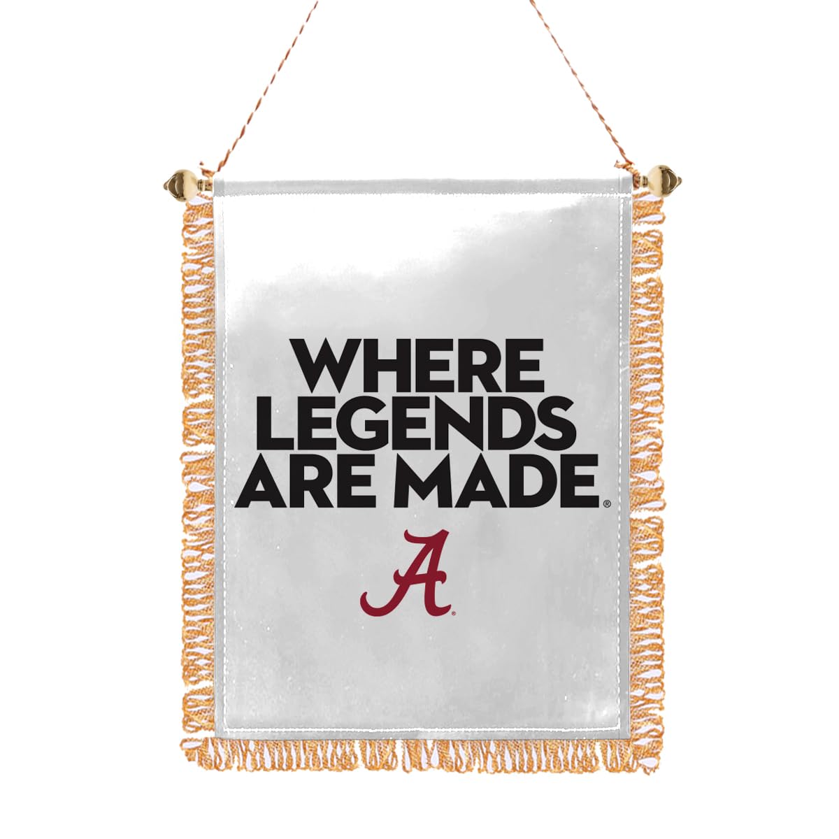 Alabama University Crimson Tide Gold Fringed Where Legends Are Made Mini Banner - 3x5 Inch Single-Sided Printed PolySatin Fabric with Adjustable Plastic Gold Bead, Suction Cup, and Gold Strings For Hanging- Officially Licensed Collegiate Merchandise