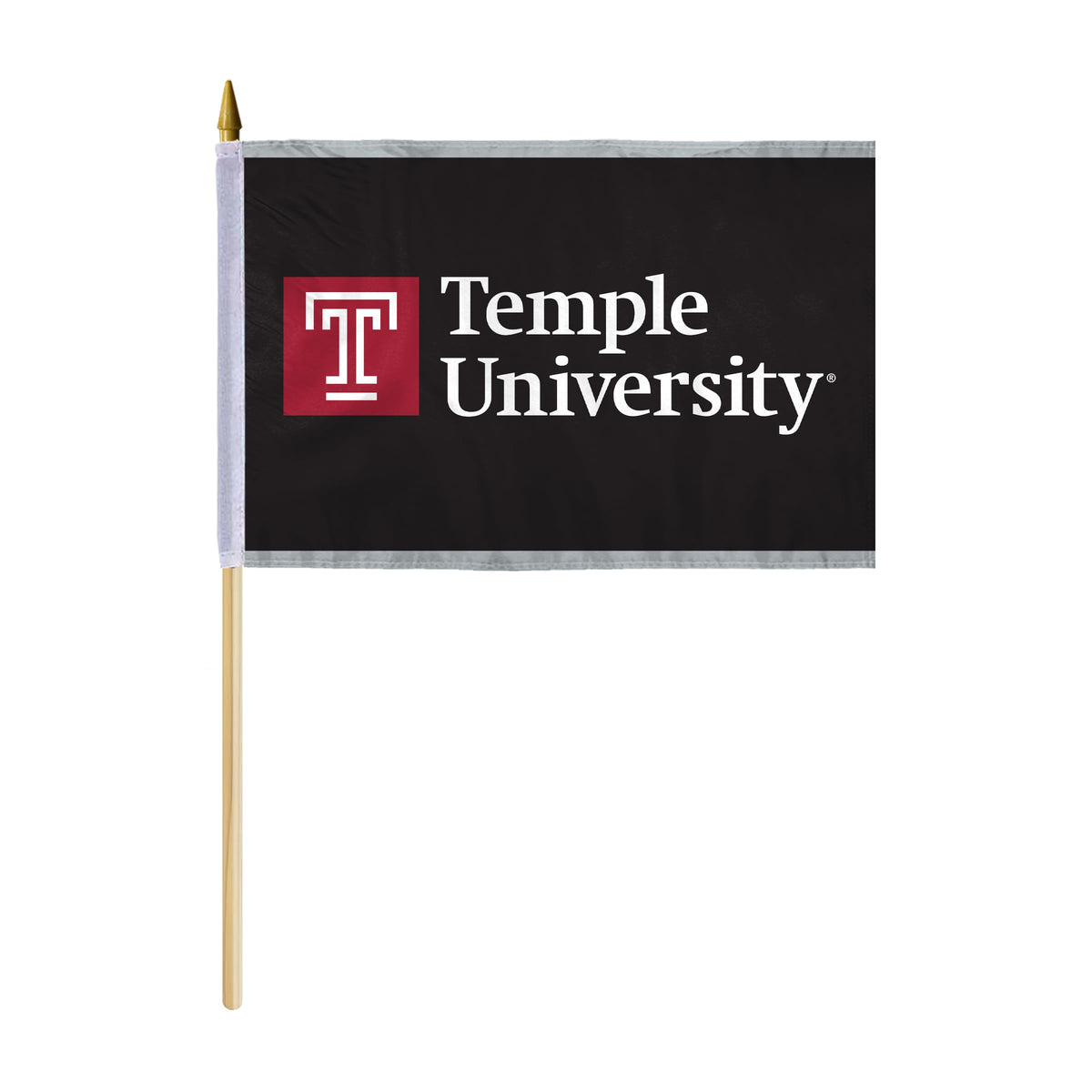 AGAS Temple University Wordmark Logo Stick Flag 12 x 18 inch – Single Sided Printed Polyester with Bleed Through – Officially Licensed NCAA Product – Temple University Hand Flag with 24 inch Wood Pole and Gold Spear Top - Black Background