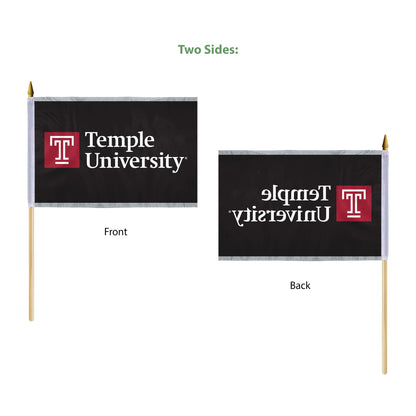 AGAS Temple University Wordmark Logo Stick Flag 12 x 18 inch – Single Sided Printed Polyester with Bleed Through – Officially Licensed NCAA Product – Temple University Hand Flag with 24 inch Wood Pole and Gold Spear Top - Black Background