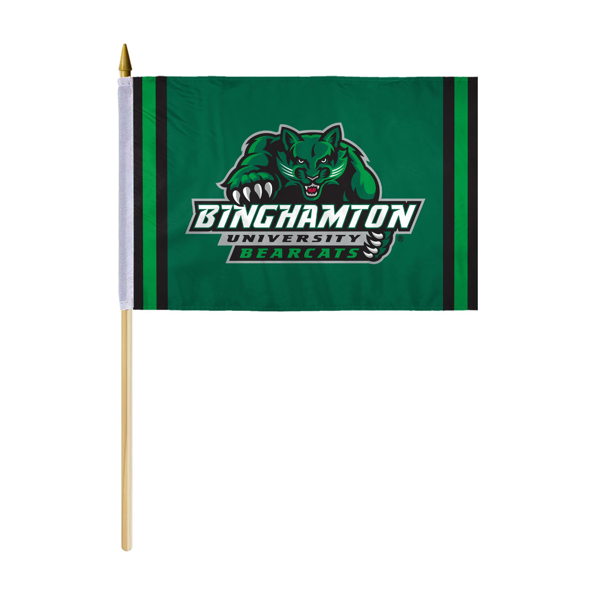AGAS Binghamton University Stick Flag 12 x 18 inch – Single Sided Printed Polyester BU Bearcats Mascot and Wordmark Design – Official NCAA Binghamton Bearcats Handheld Flag – 24 inch Wood Pole with Gold Spear Top