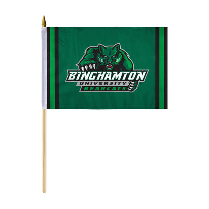 AGAS Binghamton University Stick Flag 12 x 18 inch – Single Sided Printed Polyester BU Bearcats Mascot and Wordmark Design – Official NCAA Binghamton Bearcats Handheld Flag – 24 inch Wood Pole with Gold Spear Top