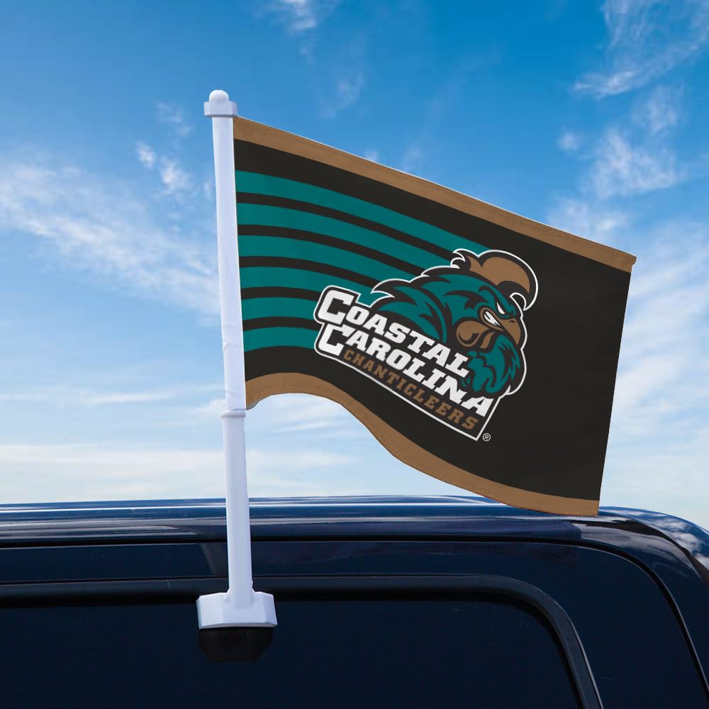 AGAS Double-Sided Coastal Carolina CCU Chanticleers Car Flag - 10.5x15 inch Printed Wrap Knitted Polyester - 19" Unbreakable Plastic Pole - Auto Flags