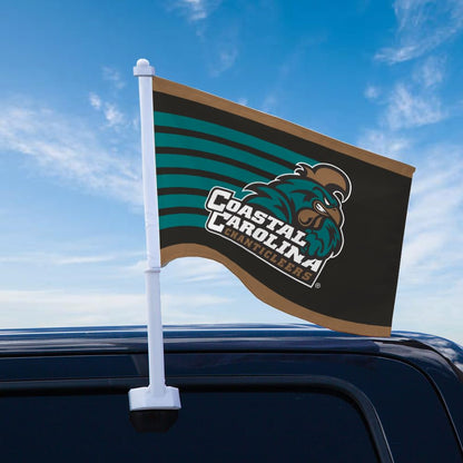 AGAS Double-Sided Coastal Carolina CCU Chanticleers Car Flag - 10.5x15 inch Printed Wrap Knitted Polyester - 19" Unbreakable Plastic Pole - Auto Flags