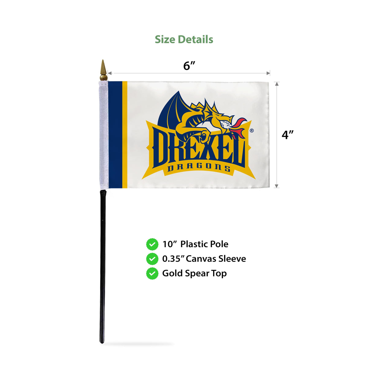 AGAS Drexel DU University flags on sticks with Plastic Base 4x6 inch Single-Reverse Printed Polyester - 4"x6" Dragons Handheld Stick Flags