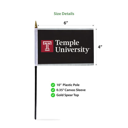 AGAS Temple University Wordmark Logo Stick Flag 4 x 6 inch – Single Sided Printed Polyester with Bleed Through – Officially Licensed NCAA Product – Temple University Desk Flag with 11 inch Plastic Pole and Black Base - Black Background