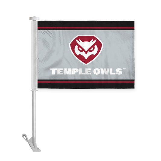 AGAS Temple Owls Text and Owl Logo Premium Car Flag 10.5 x 15 inch – Single Sided Printed Wrap Knitted Polyester with Bleed Through – Officially Licensed NCAA Product – Temple University Vehicle Flag with 19 inch Stiff Pole and 1 inch Sleeve