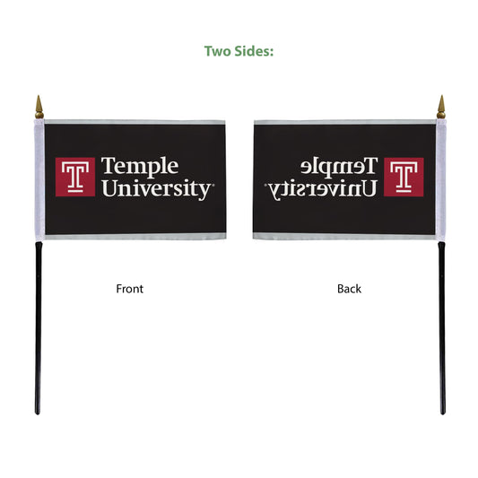 AGAS Temple University Wordmark Logo Stick Flag 4 x 6 inch – Single Sided Printed Polyester with Bleed Through – Officially Licensed NCAA Product – Temple University Desk Flag with 11 inch Plastic Pole and Black Base - Black Background