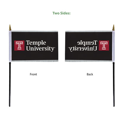 AGAS Temple University Wordmark Logo Stick Flag 4 x 6 inch – Single Sided Printed Polyester with Bleed Through – Officially Licensed NCAA Product – Temple University Desk Flag with 11 inch Plastic Pole and Black Base - Black Background