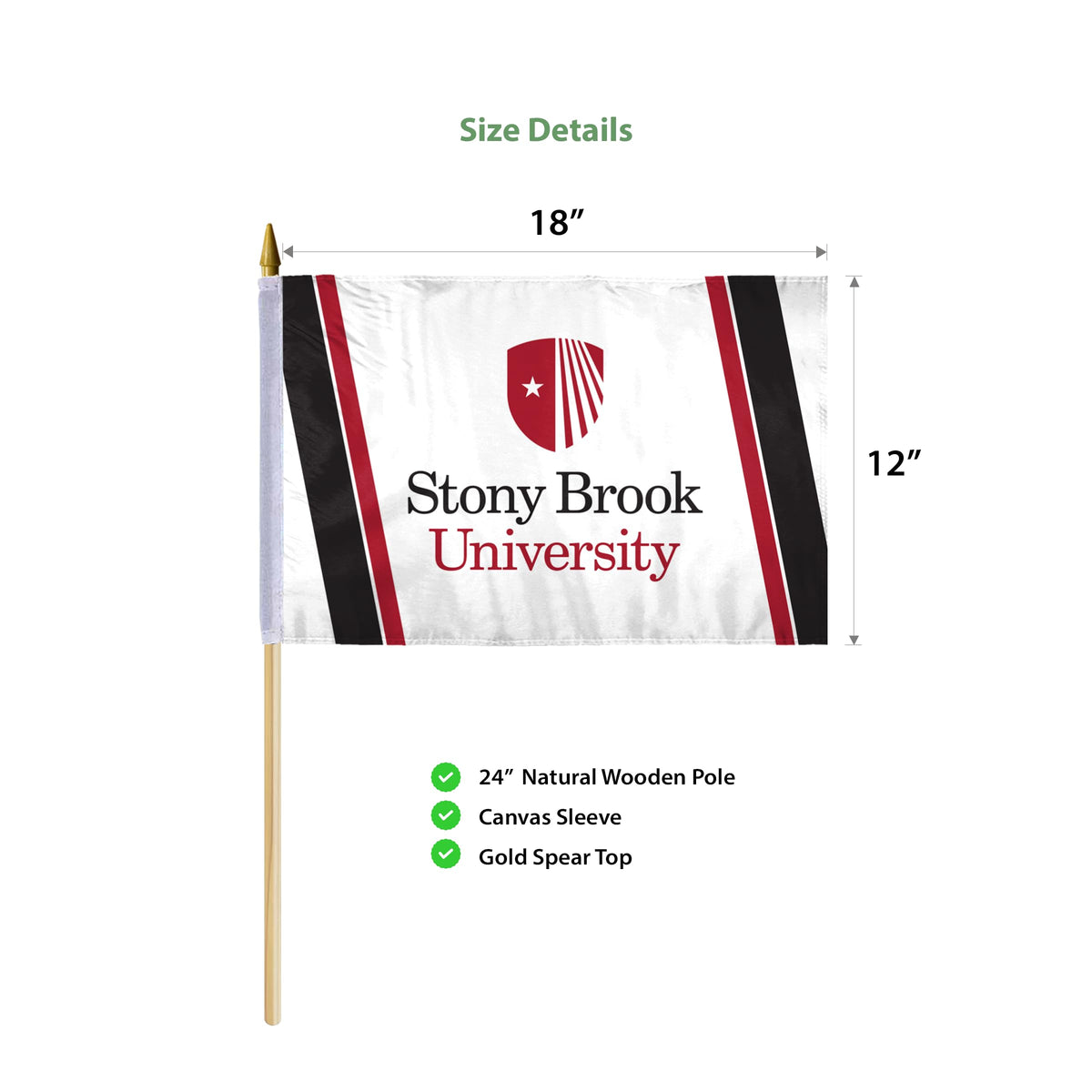 AGAS Stony Brook University Stick Flag 12 x 18 inch – Single Sided Printed Polyester Stony Brook Seawolves Flag – Official NCAA SBU Product – Handheld Display with 24 inch Wood Pole and Gold Spear Top