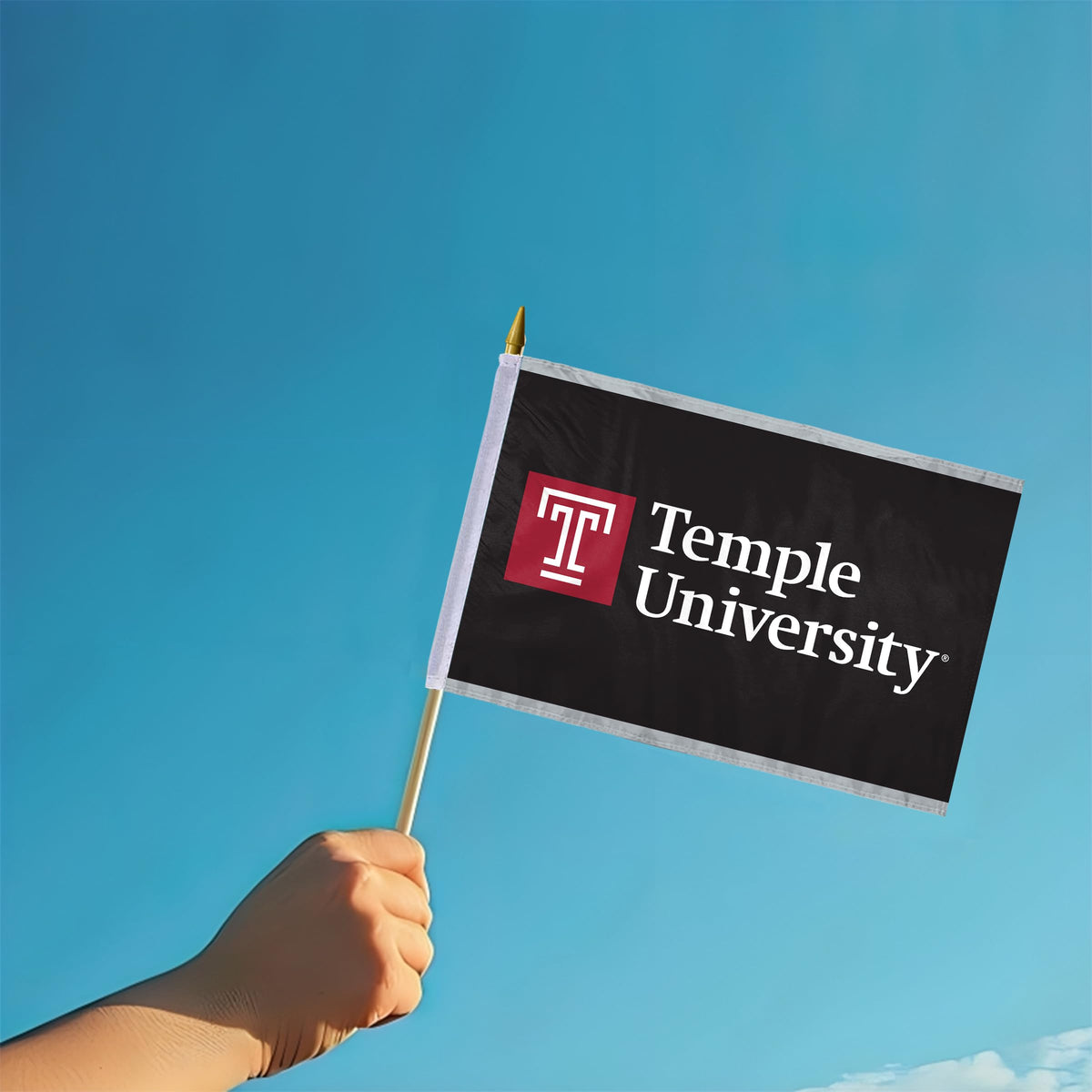 AGAS Temple University Wordmark Logo Stick Flag 12 x 18 inch – Single Sided Printed Polyester with Bleed Through – Officially Licensed NCAA Product – Temple University Hand Flag with 24 inch Wood Pole and Gold Spear Top - Black Background