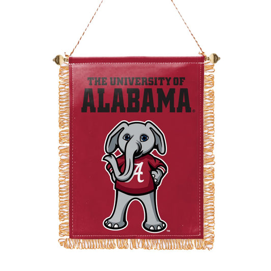 Alabama University Crimson Tide Gold Fringed Big Al Mini Banner - 4x6 Inch Double-Sided Printed PolySatin Fabric with Adjustable Plastic Gold Bead, Suction Cup, and Gold Strings For Hanging- Officially Licensed Collegiate Merchandise