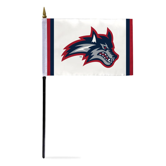 AGAS Stony Brook University Stick Flag 4 x 6 inch – Single Sided Printed Polyester Stony Brook Seawolves Wolf Head Design – Official NCAA SBU Product – Desk Display with 10 inch Plastic Pole and Black Base