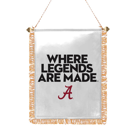 Alabama University Crimson Tide Gold Fringed Where Legends Are Made Mini Banner - 3x5 Inch Double-Sided Printed PolySatin Fabric with Adjustable Plastic Gold Bead, Suction Cup, and Gold Strings For Hanging- Officially Licensed Collegiate Merchandise