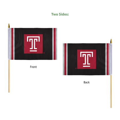 AGAS Temple University Block T Logo Stick Flag 12 x 18 inch – Single Sided Printed Polyester with Bleed Through – Officially Licensed NCAA Product – Temple University Hand Flag with 24 inch Wood Pole and Gold Spear Top