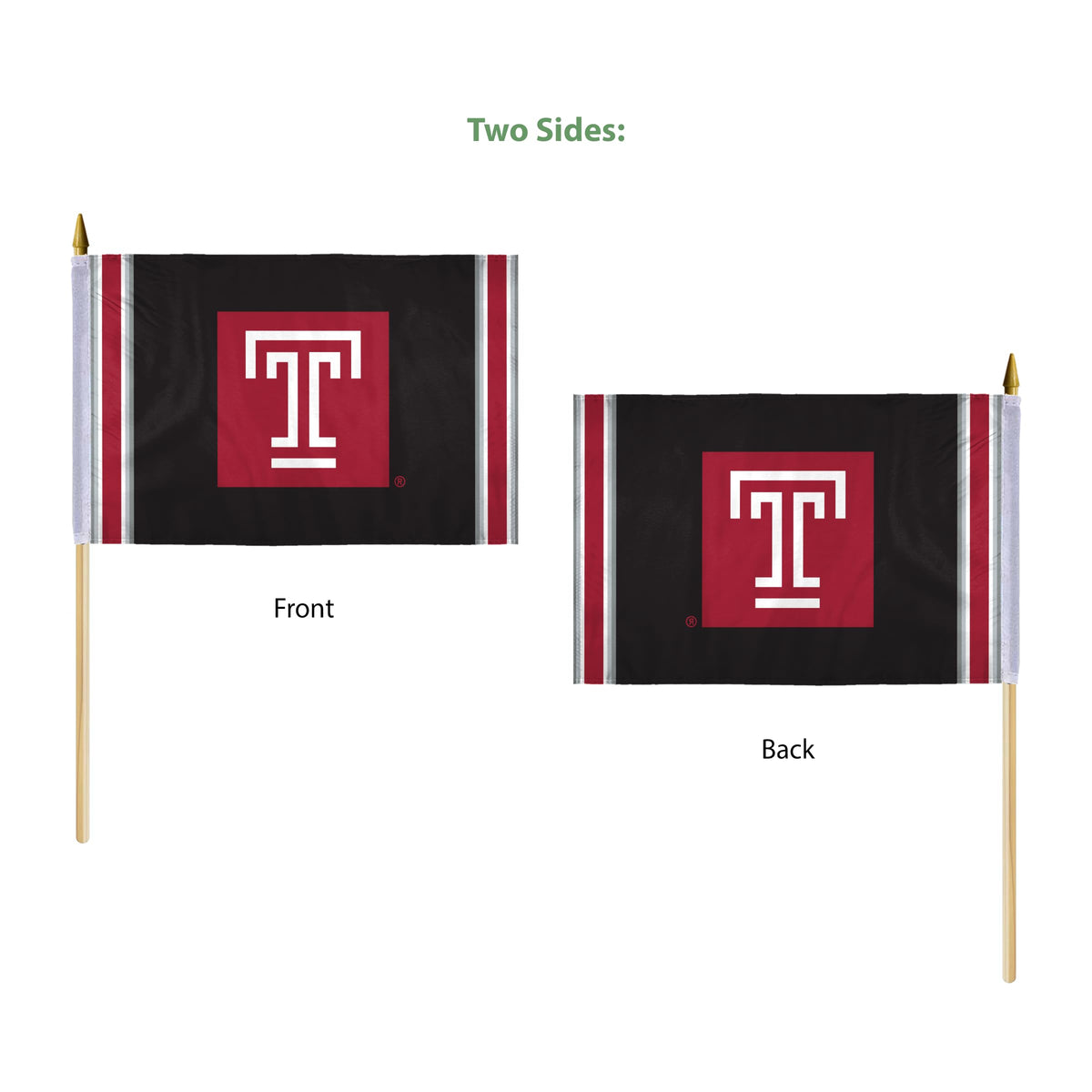 AGAS Temple University Block T Logo Stick Flag 12 x 18 inch – Single Sided Printed Polyester with Bleed Through – Officially Licensed NCAA Product – Temple University Hand Flag with 24 inch Wood Pole and Gold Spear Top