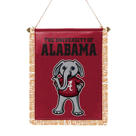 Alabama University Crimson Tide Gold Fringed Big Al Mini Banner - 3x5 Inch Double-Sided Printed PolySatin Fabric with Adjustable Plastic Gold Bead, Suction Cup, and Gold Strings For Hanging- Officially Licensed Collegiate Merchandise