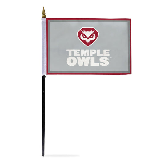 AGAS Temple Owls Text and Owl Logo Stick Flag 4 x 6 inch – Single Sided Printed Polyester with Bleed Through – Officially Licensed NCAA Product – Temple Owls Desk Flag with 11 inch Plastic Pole and Black Base