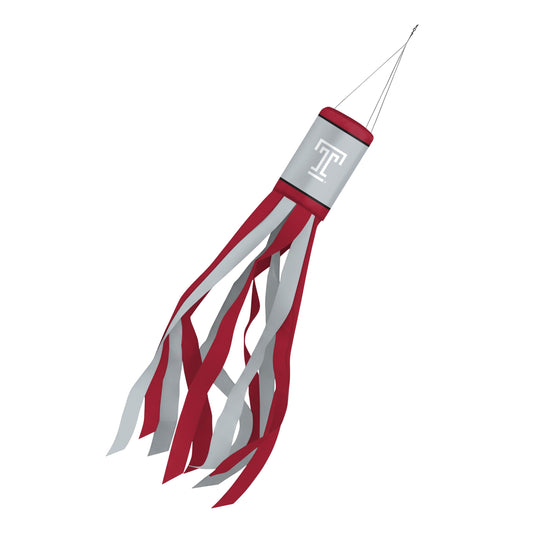 AGAS Temple University Block T Logo Windsock 30 x 5.5 inch – Single Sided Printed Polyester with Bleed Through – Officially Licensed NCAA Product – Temple University Windsock with Hanging Clip and Red White Streamers