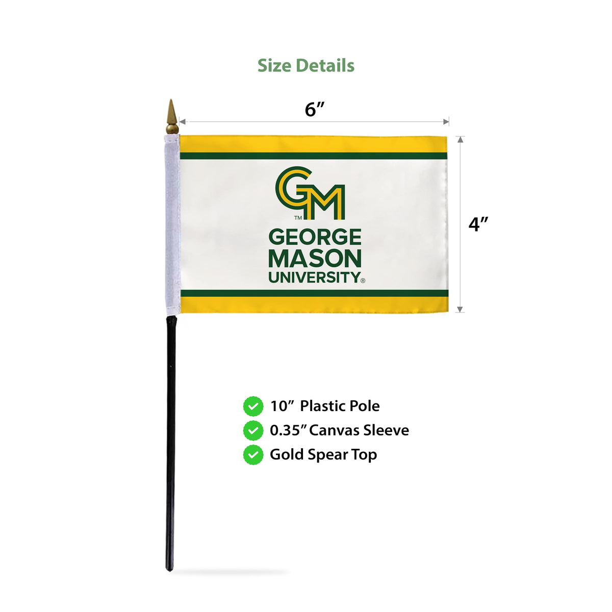 AGAS George Mason GMU University flags on sticks with Plastic Base 4x6 inch Printed Polyester - 4"x6" Patriots Handheld Stick Flags