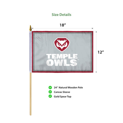 AGAS Temple Owls Text and Owl Logo Stick Flag 12 x 18 inch – Single Sided Printed Polyester with Bleed Through – Officially Licensed NCAA Product – Temple Owls Hand Flag with 24 inch Wood Pole and Gold Spear Top