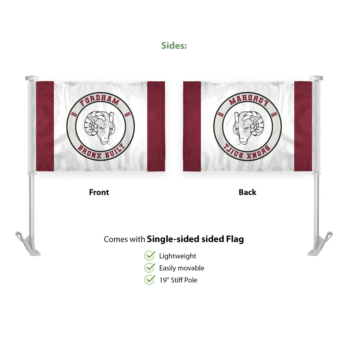 AGAS Fordham University Premium Car Flag 10.5 x 15 inch – Single Sided Printed Wrap Knitted Polyester Fordham Rams Flag Bronx Built Design – Official NCAA Product – Fordham University Vehicle Flag with 19 inch Stiff Pole and 1 inch Sleeve