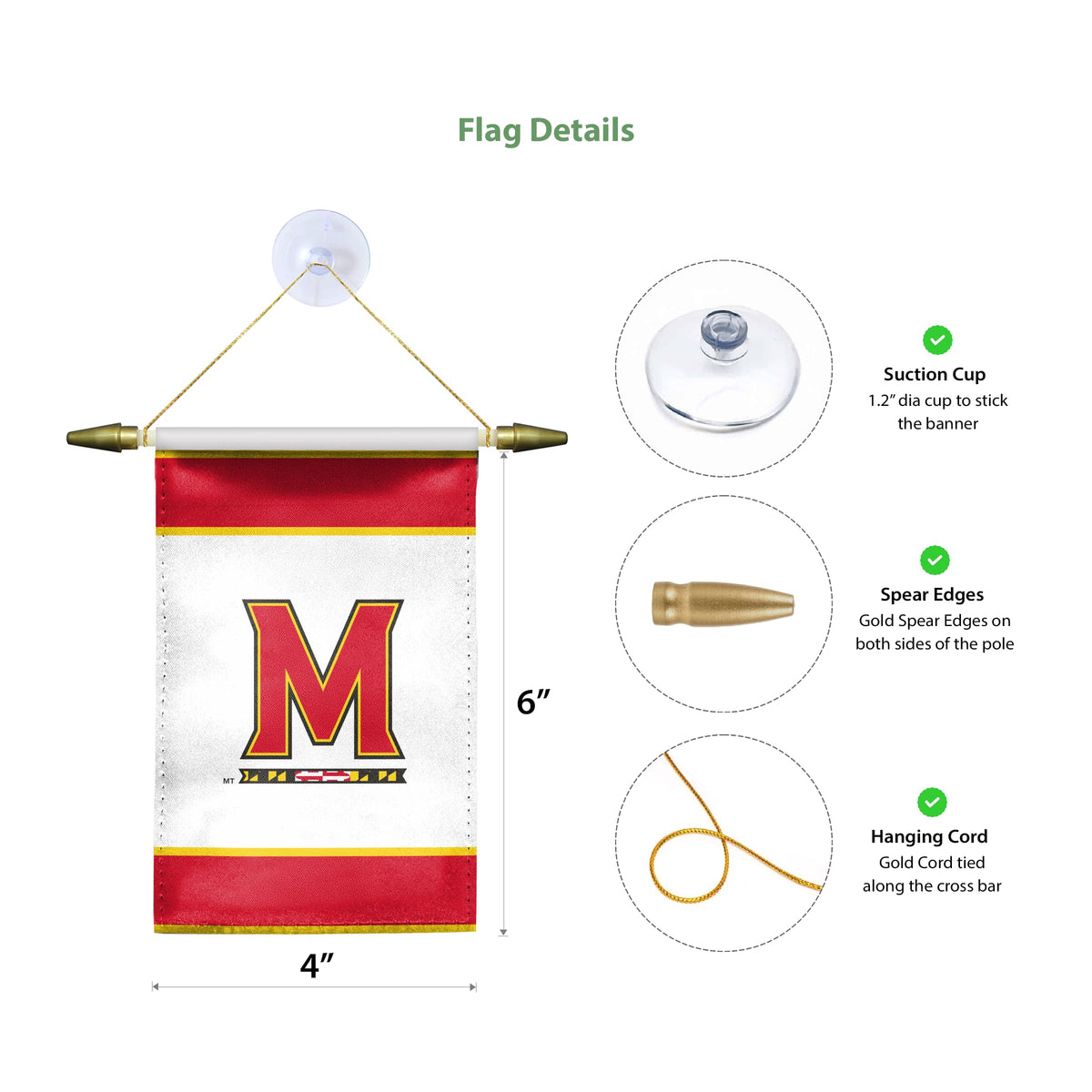 AGAS Small Maryland UMD University Banner - House Flag with Suction Cup 4x6 Inch - Terps Mini Flags for Car Rearview Mirror and Window Décor