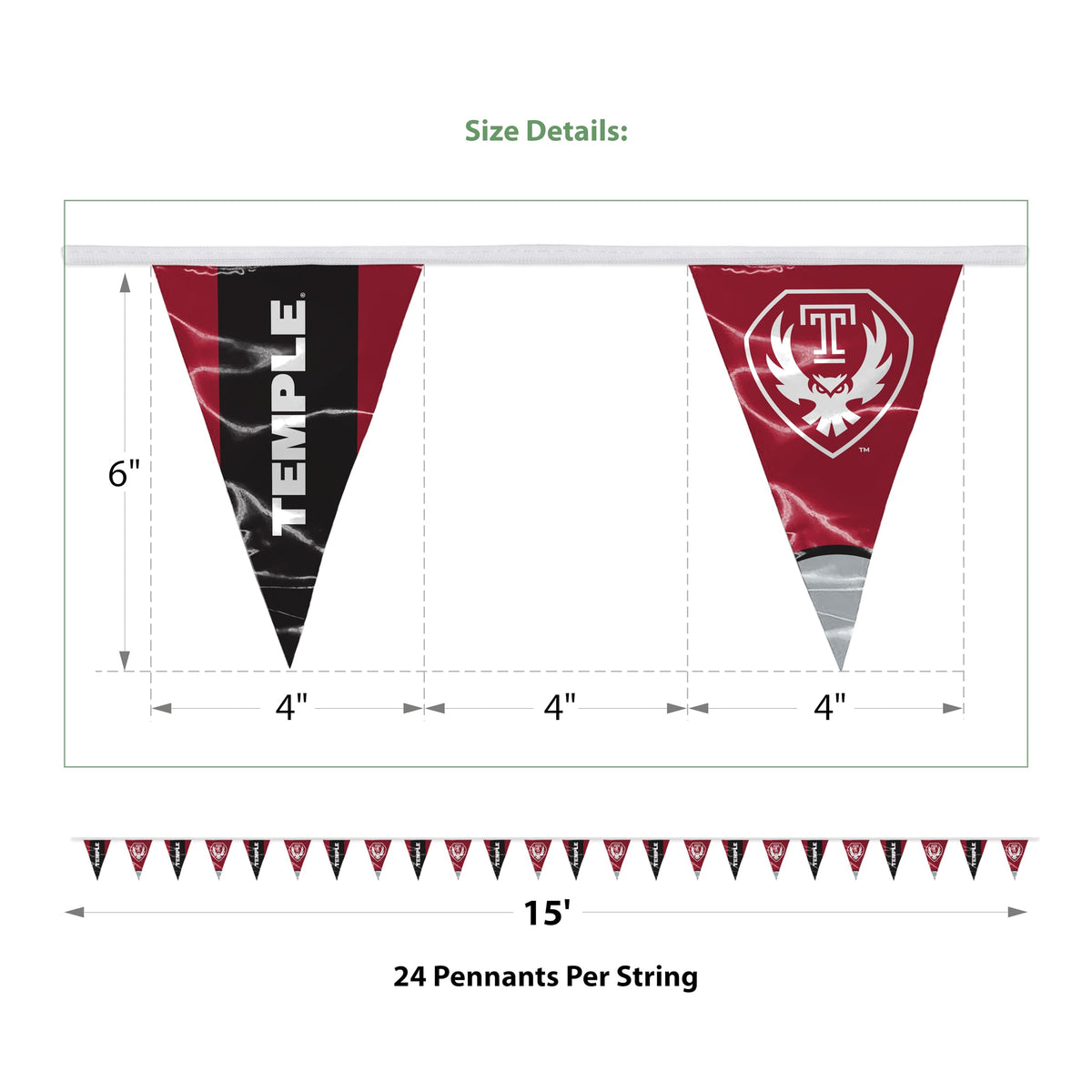 AGAS Temple Owls Text and Owl Logo Pennant Banner String 4 x 6 inch – 15 ft Triangle Flags – Single Sided Printed 9 Mil Poly – Officially Licensed NCAA Product – Temple University Party Banner with 24 Pennants