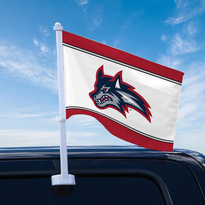 AGAS Stony Brook University Car Flag 10.5 x 15 inch – Single Sided Printed Wrap Knitted Polyester Stony Brook Seawolves Wolf Head Design – Official NCAA SBU Product – Vehicle Mount with 19 inch Stiff Pole and 1 inch Sleeve