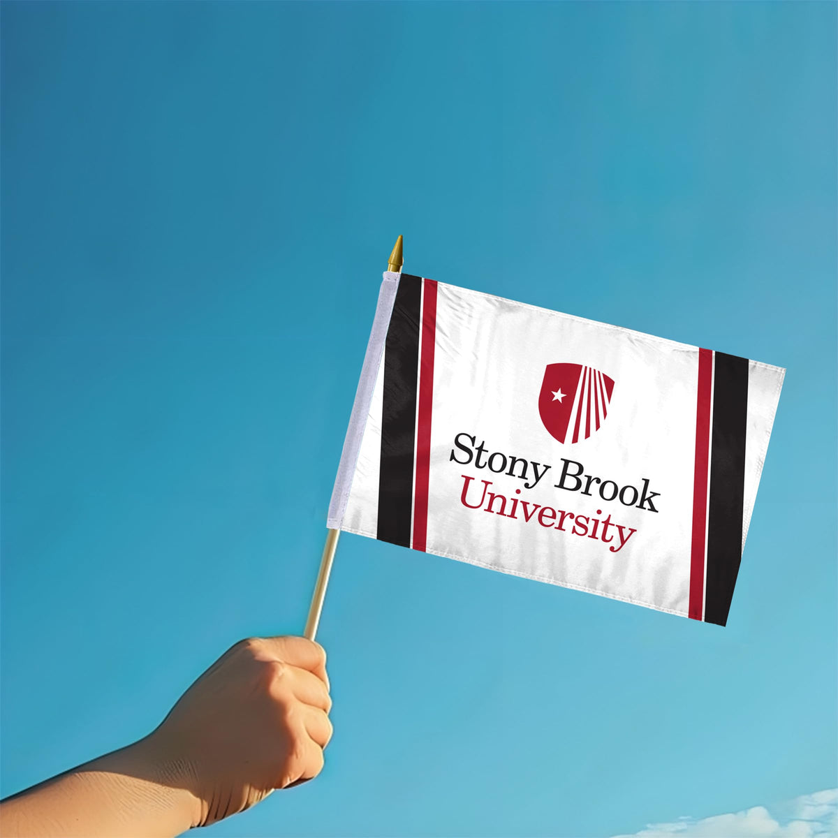 AGAS Stony Brook University Stick Flag 12 x 18 inch – Single Sided Printed Polyester Stony Brook Seawolves Flag – Official NCAA SBU Product – Handheld Display with 24 inch Wood Pole and Gold Spear Top