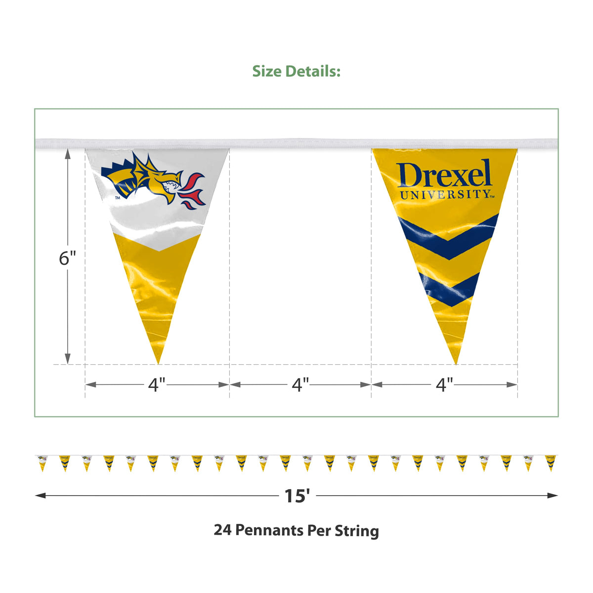 AGAS 15' Drexel DU Dragons Pennant Banner, Navy Triangle Flag Bunting Party Decorations, Game Day, Dorms, College Party V-Shaped Streamers, Drexel Bunting