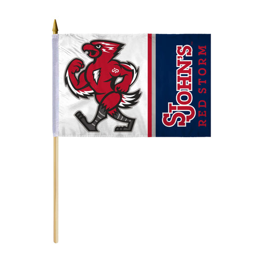 AGAS St. John's University Stick Flag 12 x 18 inch – Single Sided Printed Polyester SJU Red Storm Mascot Design – Official NCAA Red Storm Small Flag– Handheld Display with 24 inch Wood Pole and Gold Spear Top