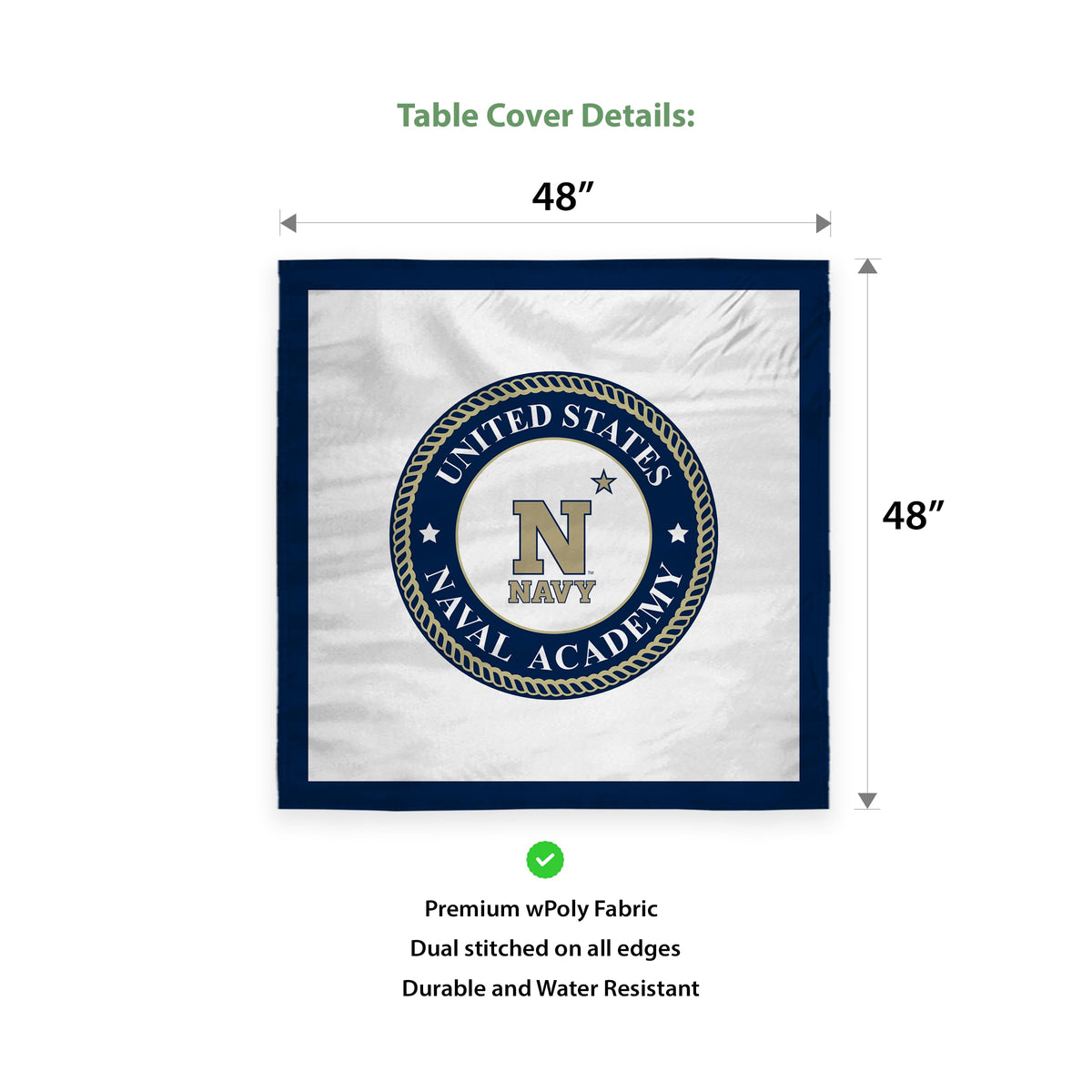 USNA Naval Academy Tablecover, 48in. Wide x 48in. Long, Gold-Blue Polyester, Party supplies, Navy Shipmen tablecloth for graduation, football tailgating, and birthday party decorations