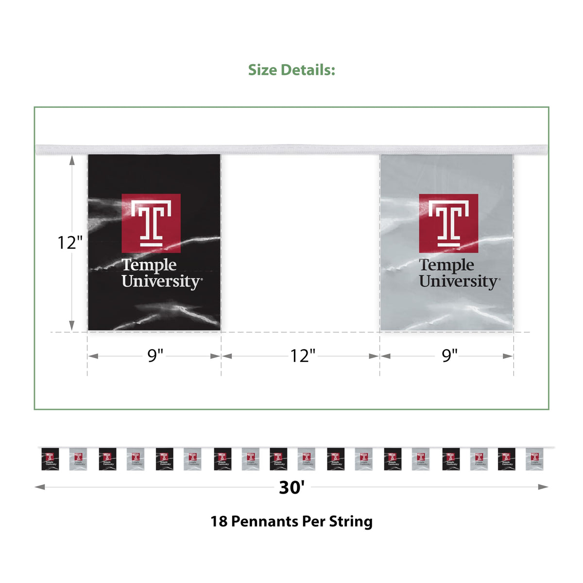 AGAS Temple University T Logo and Text Rectangle Pennant Banner String 9 x 12 inch – 30 ft Flags – Single Sided Printed 9 Mil Poly – Officially Licensed NCAA Product – Temple Owls Party Banner with 18 Pennants Individually Bagged