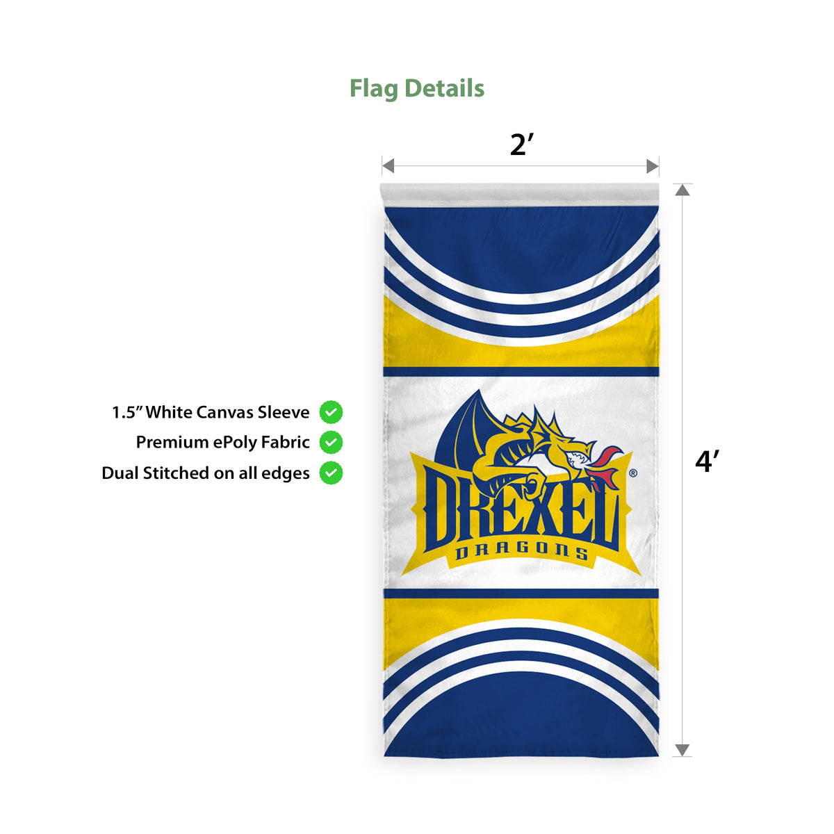AGAS 2'x4' Drexel DU University Vertical Flag House Banner with Pole Sleeve - Dragons Banner