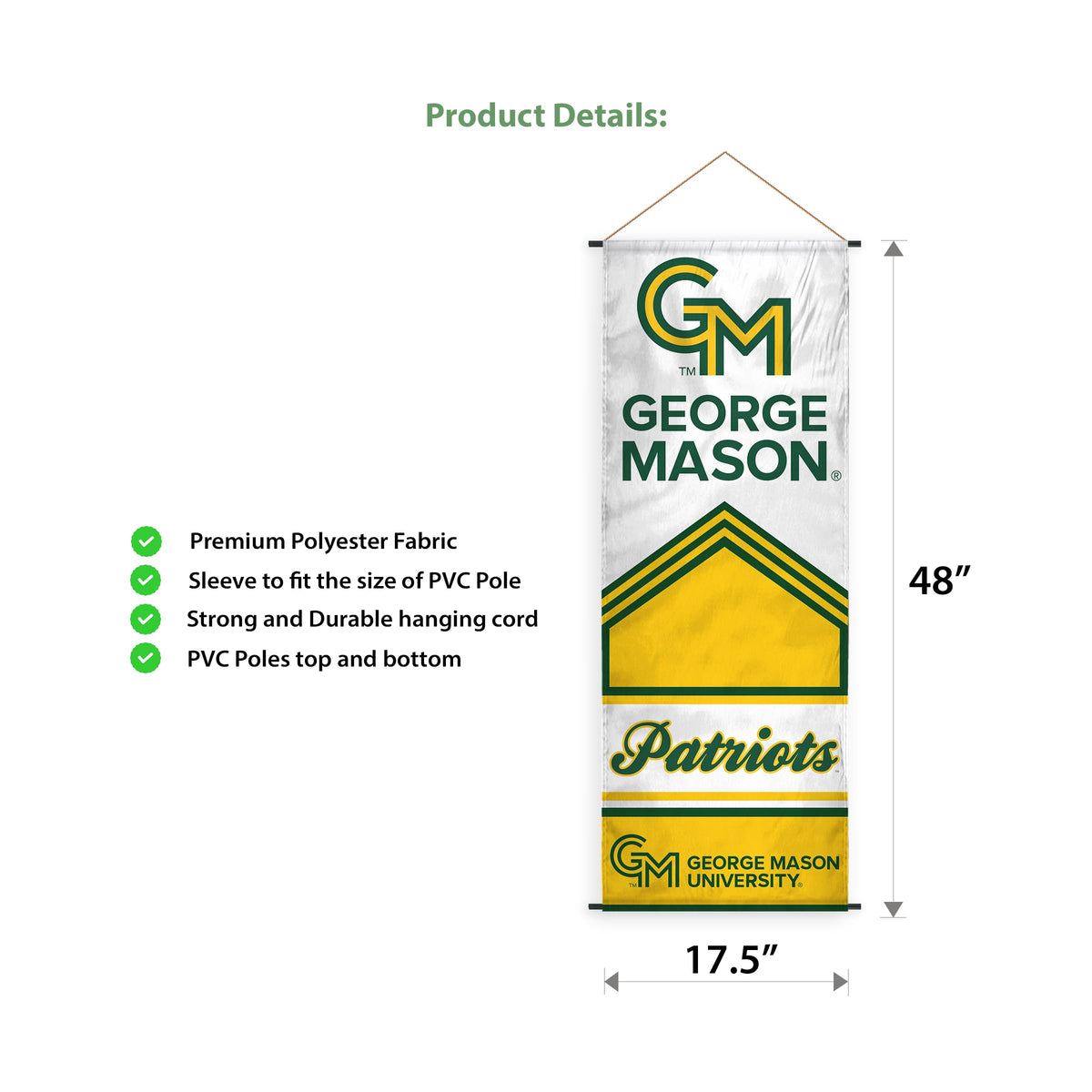 AGAS George Mason GMU University Patriots Scroll Sign 17.5" × 48" with Hanging Cord – Polyester Patriots Wall Banner