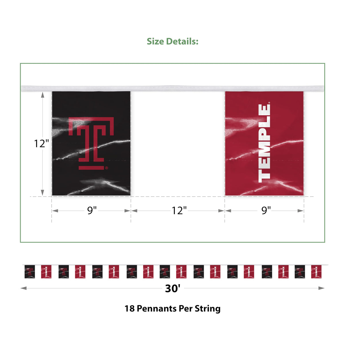 AGAS Temple University Text and T Logo Rectangle Pennant Banner String 9 x 12 inch – 30 ft Flags – Single Sided Printed 9 Mil Poly – Officially Licensed NCAA Product – Temple Owls Party Banner with 18 Pennants Individually Bagged