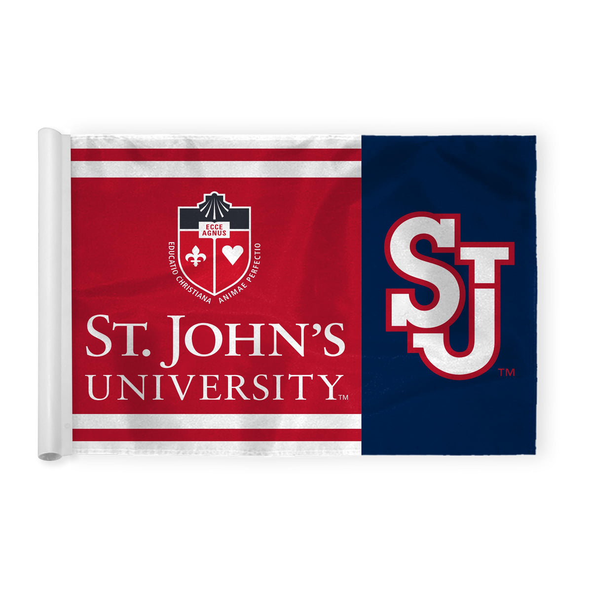 AGAS St. John's University Golf Flag 14 x 20 inch – Single Sided Printed Nylon SJU University Crest and SJ Logo Design – Official NCAA Red Storm Flag – Golf Display with Plastic Tube Insert and Reinforced Stitched Edges