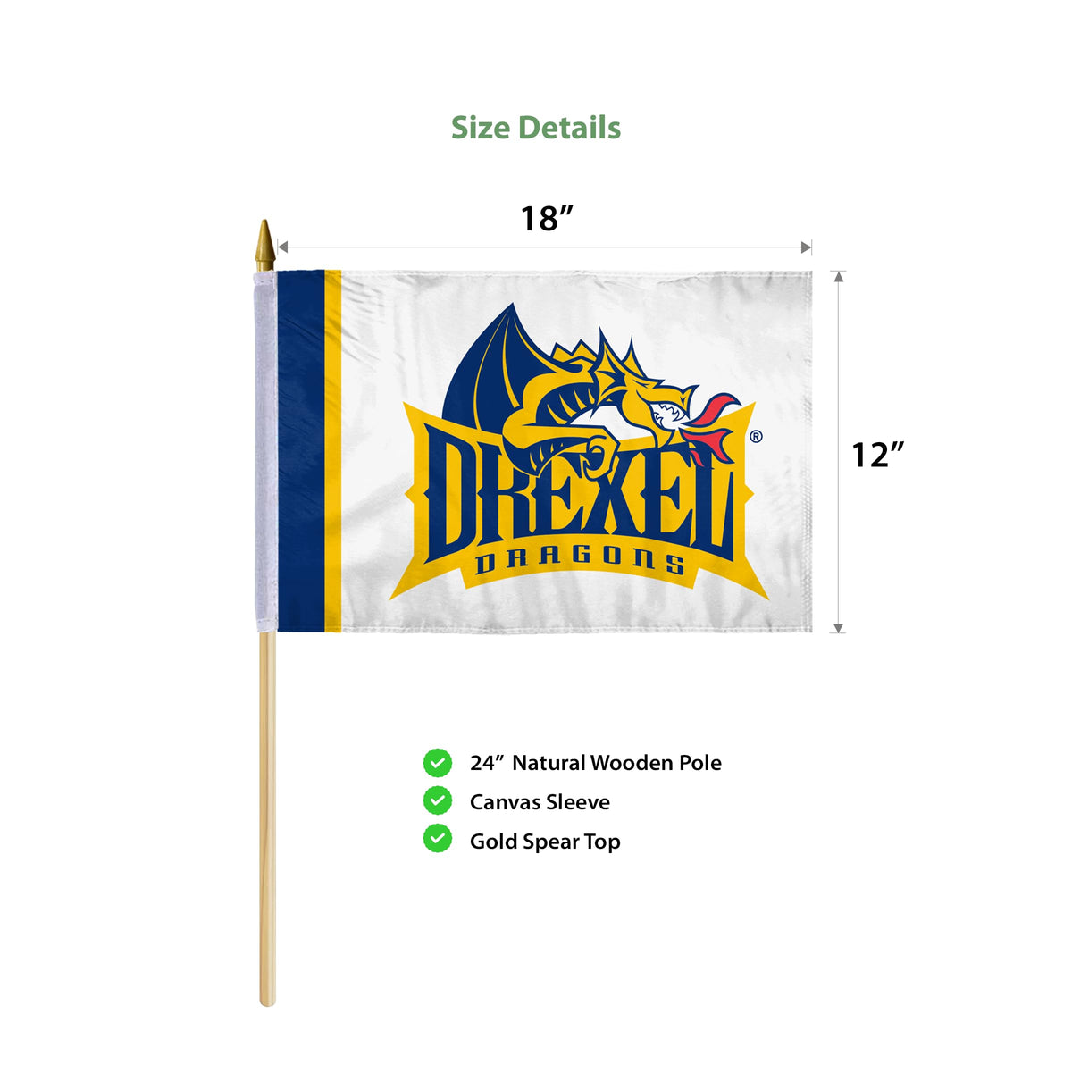 AGAS Drexel DU Dragons flags on sticks 12" x 18" - Single-Reverse Printed Polyester - 24" Wooden Dowel