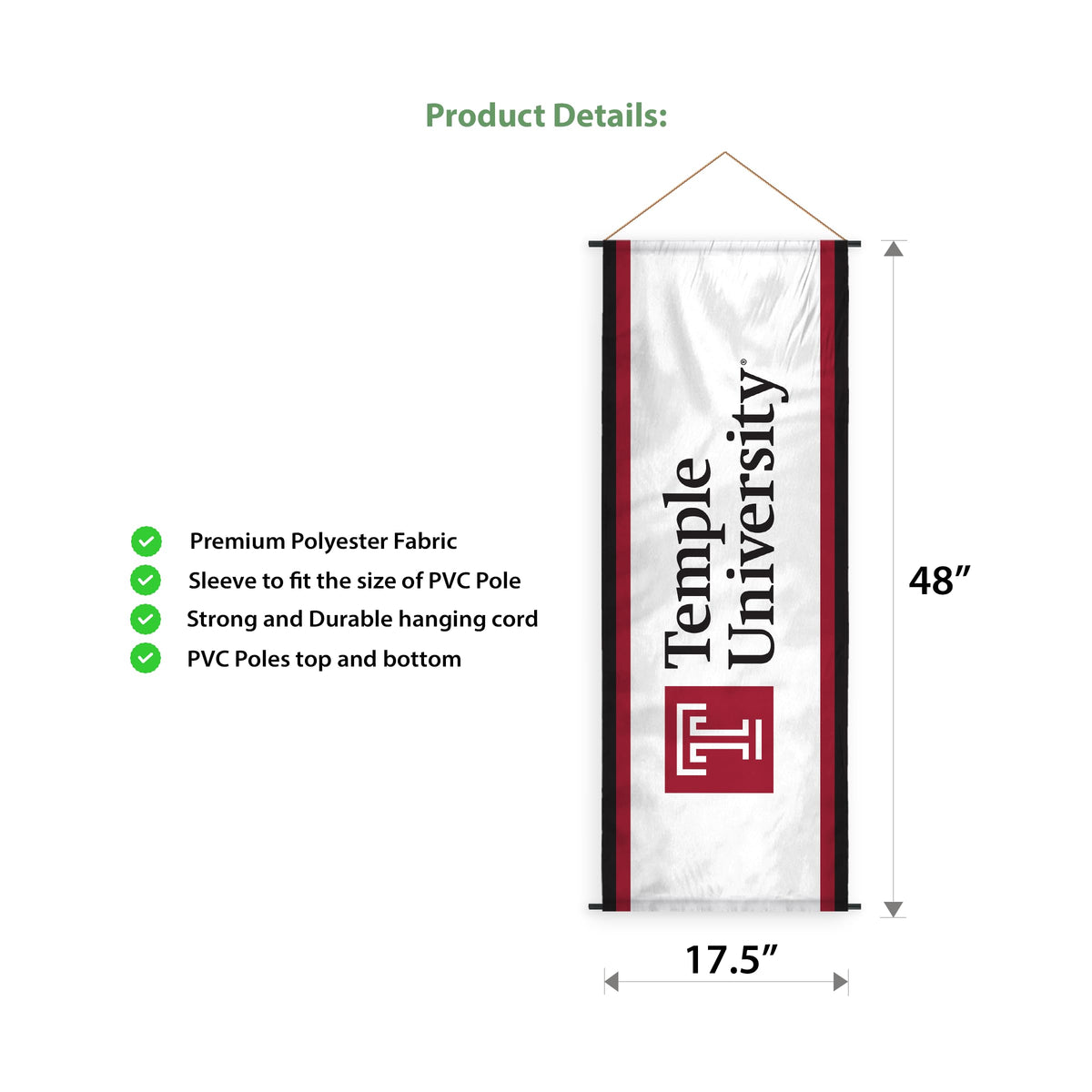 AGAS Temple University Vertical Wordmark Scroll Sign 17.5 x 48 inch – Single Sided Printed Polyester – Officially Licensed NCAA Product – Temple Owls Hanging Scroll Sign with PVC Poles and Hanging Cord
