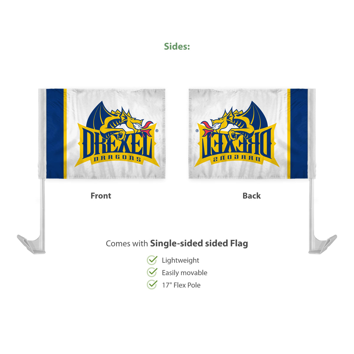 AGAS Drexel DU University Logo Flag for Car 12x16 Inch, Licensed Dragons Car Window Flag - 17" Flex Pole, Single Reverse Printed Polyester