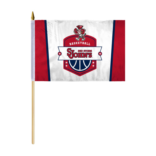 AGAS St. John’s University Stick Flag 12 x 18 inch – Single Sided Printed Polyester Basketball Shield Design – Official NCAA Red Storm Small Flag – Handheld Display with 24 inch Wood Pole and Gold Spear Top