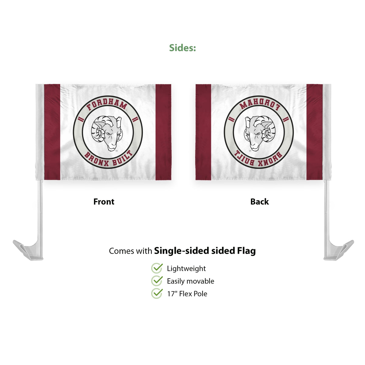 AGAS Fordham University Economy Car Flag 12 x 16 inch – Single Sided Printed Polyester Fordham Rams Flag Bronx Built Design – Official NCAA Product – Fordham University Vehicle Flag with 17 inch Flex Pole and 1 inch Closed Top Sleeve