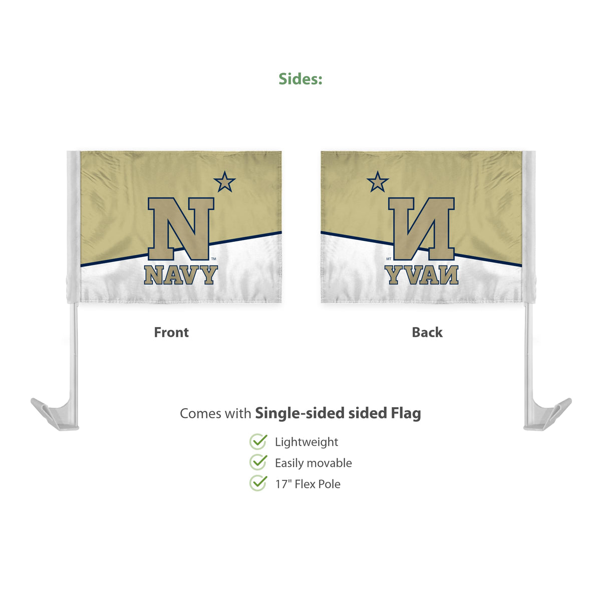 AGAS Naval Academy Flag for Car 12x16 Inch, N* Logo, Licensed USNA N-Star Car Window Flag - 17" Flex Pole, Single Reverse Printed Polyester