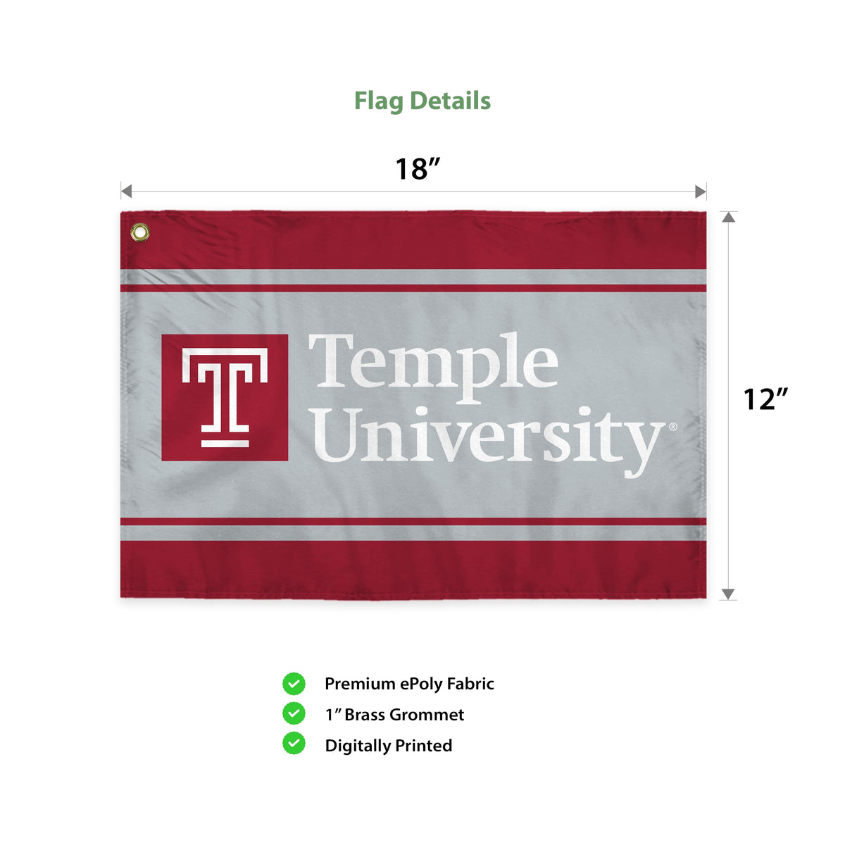 AGAS Temple University Wordmark Logo Swirler Flag 12 x 18 inch – Single Sided Printed ePoly 1 Ply with Bleed Through – Officially Licensed NCAA Product – Temple Owls Swivel Flag with 1.5 inch Canvas Header, Brass Grommet and Stitched Edges